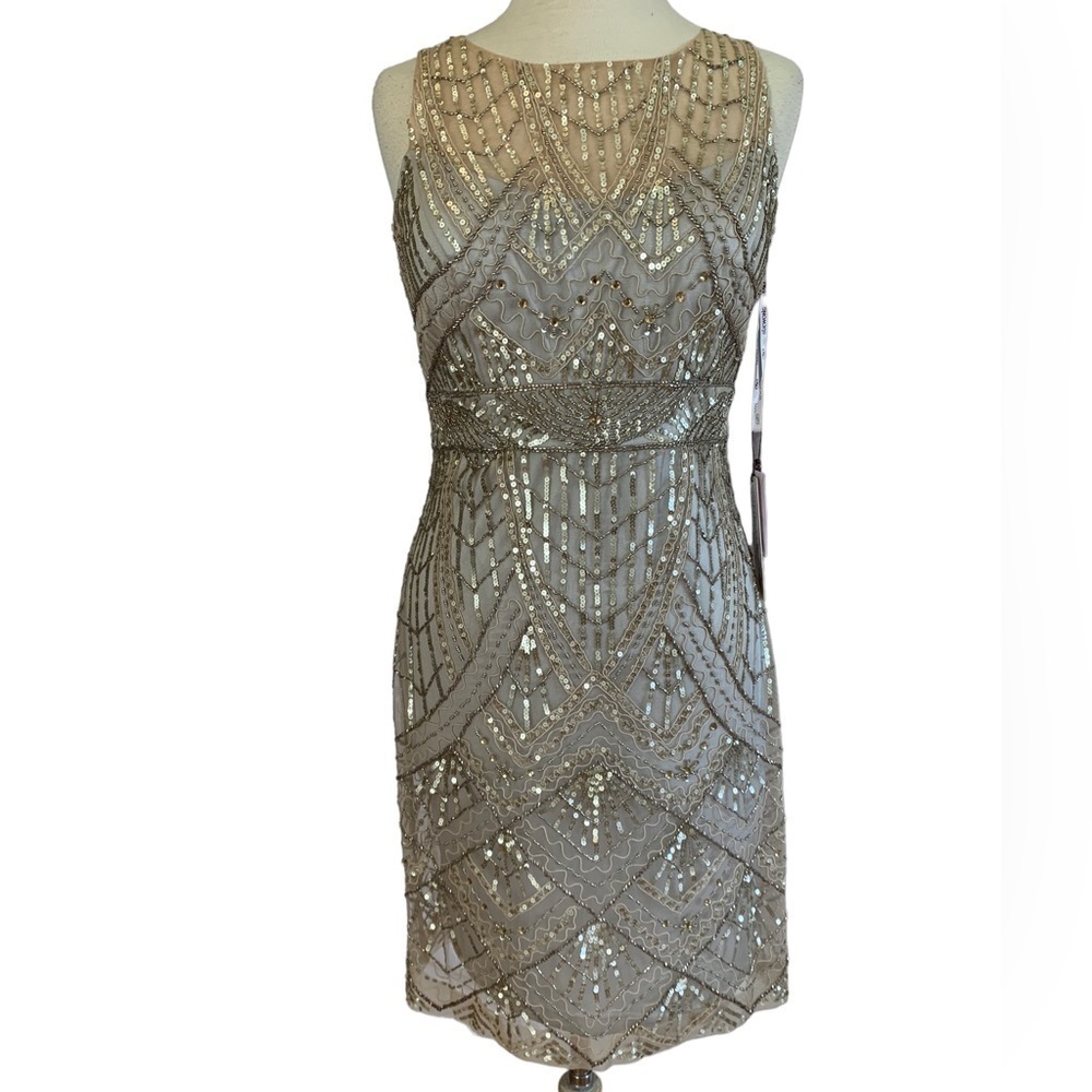 SUE WONG 6 Champagne Silver sequin embellished beaded illusion cocktail dress